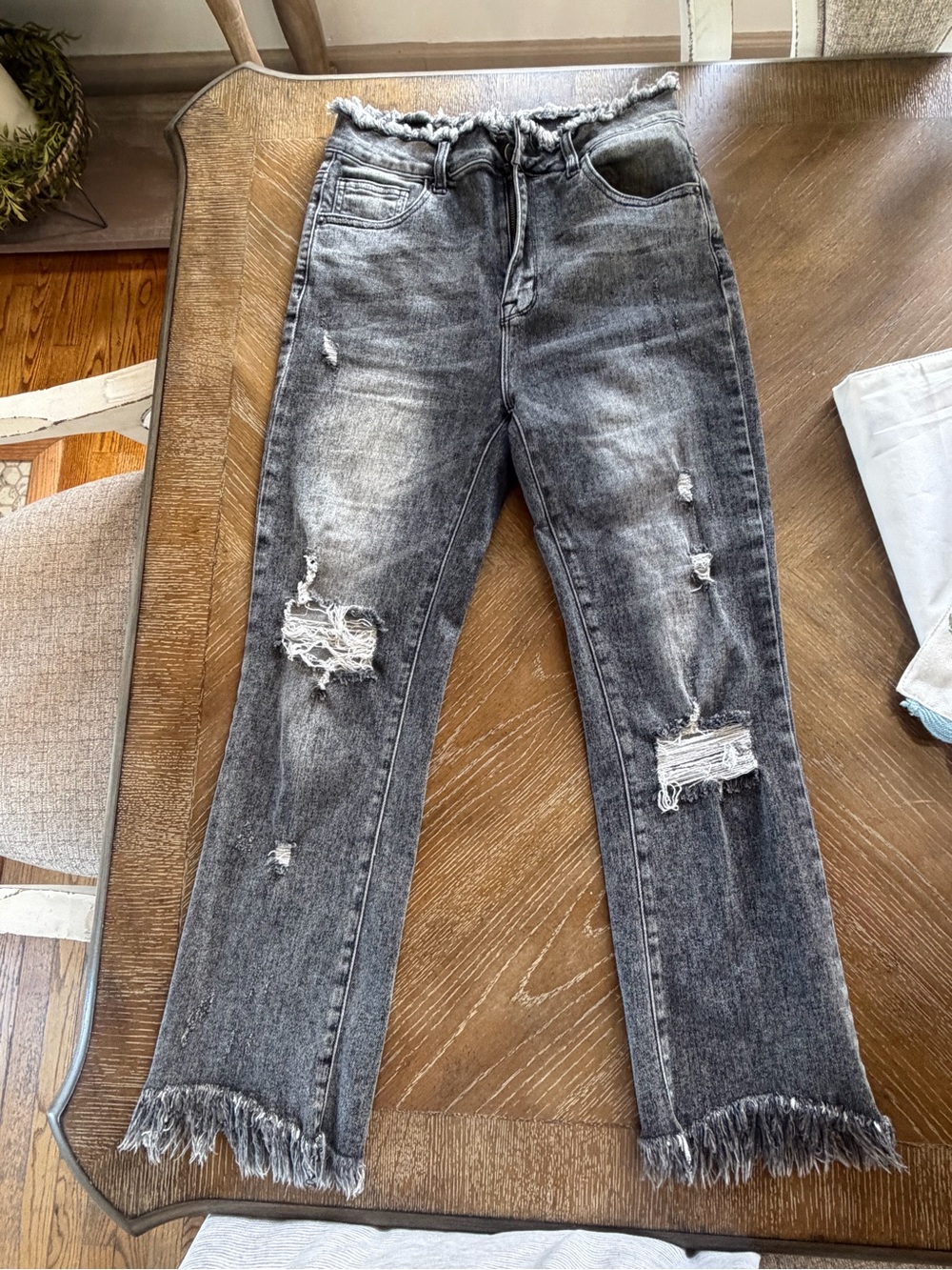 Risen Women's High-Waist Distressed Straight Leg Jeans – Washed Gray